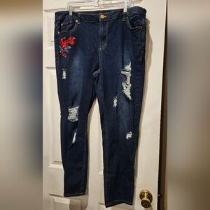 Almost Famous Dark Blue Distressed Jeans with Red Rose Embroidery